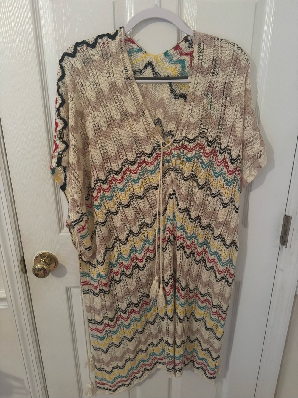 Boho Crochet Open Front Duster with Multicolor Zigzag